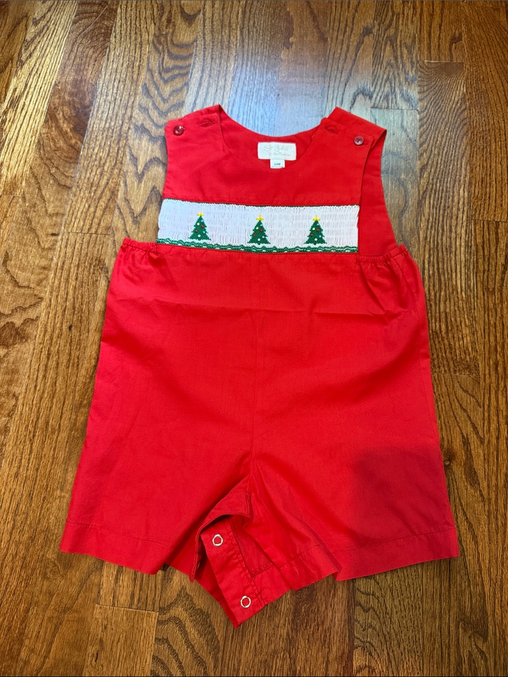 Red Smocked Christmas Tree Shortall Romper for Kids